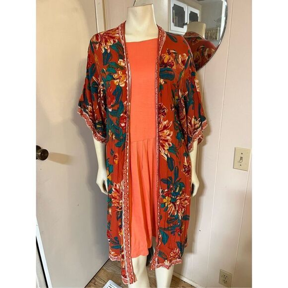 Flying Tomato Orange Floral Rayon Cover-Up Kimono Duster Size S - Picture 2 of 5